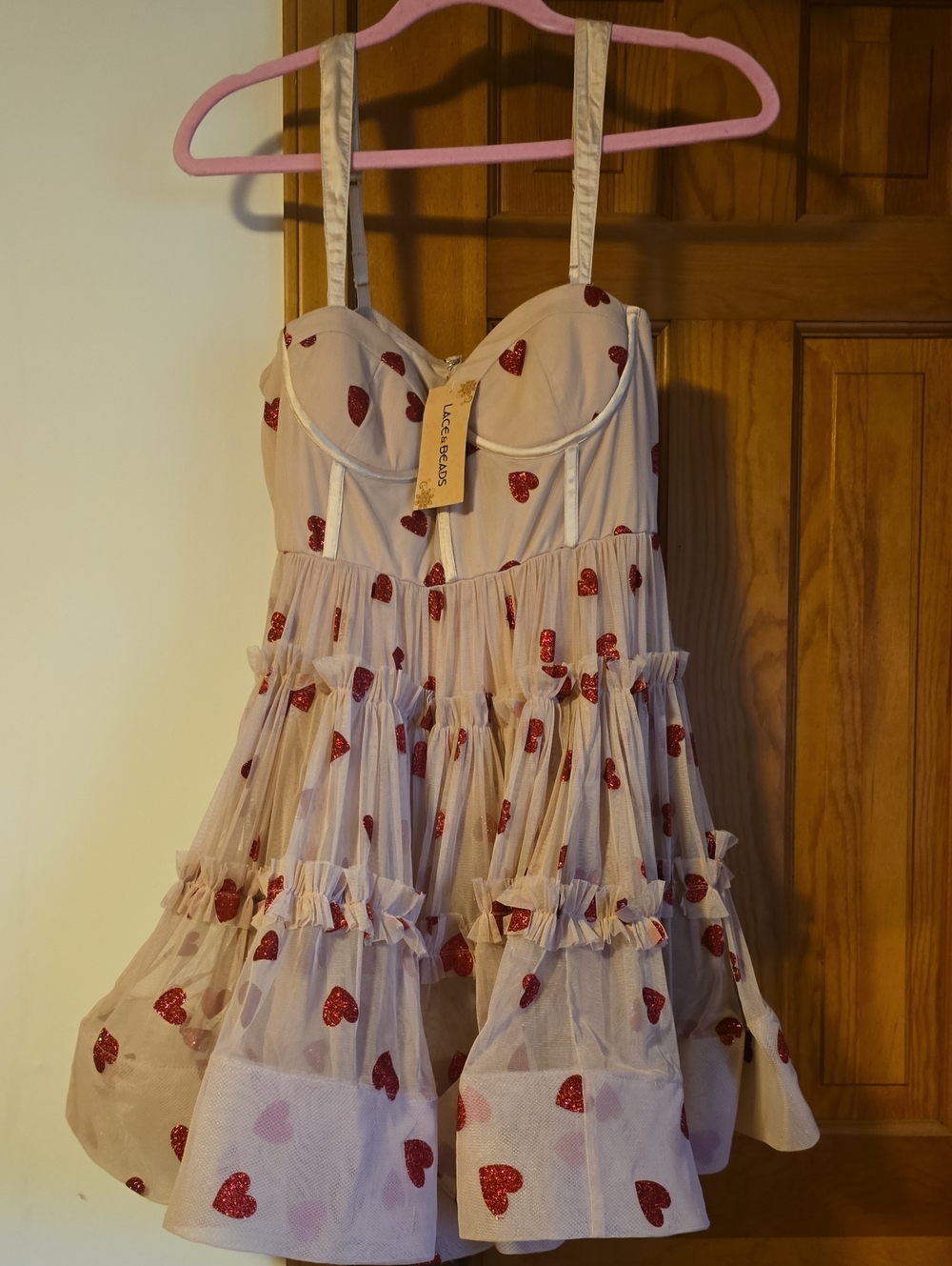 Lace & Beads Cream Mini Dress with Red Heart Appliqués